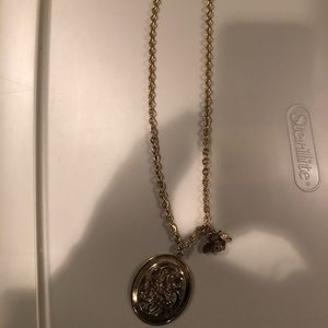 Gold Medallion Long Necklace with Bee Charm
